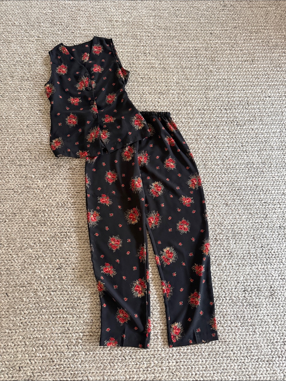 Floral Print Black Vest & Pants Set